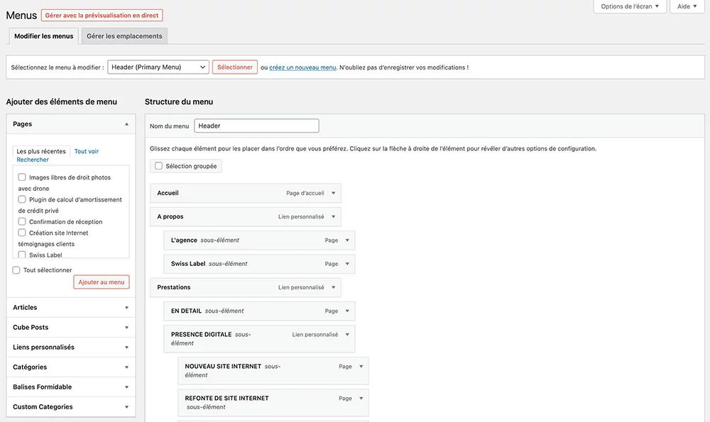 Définir une structure de menu