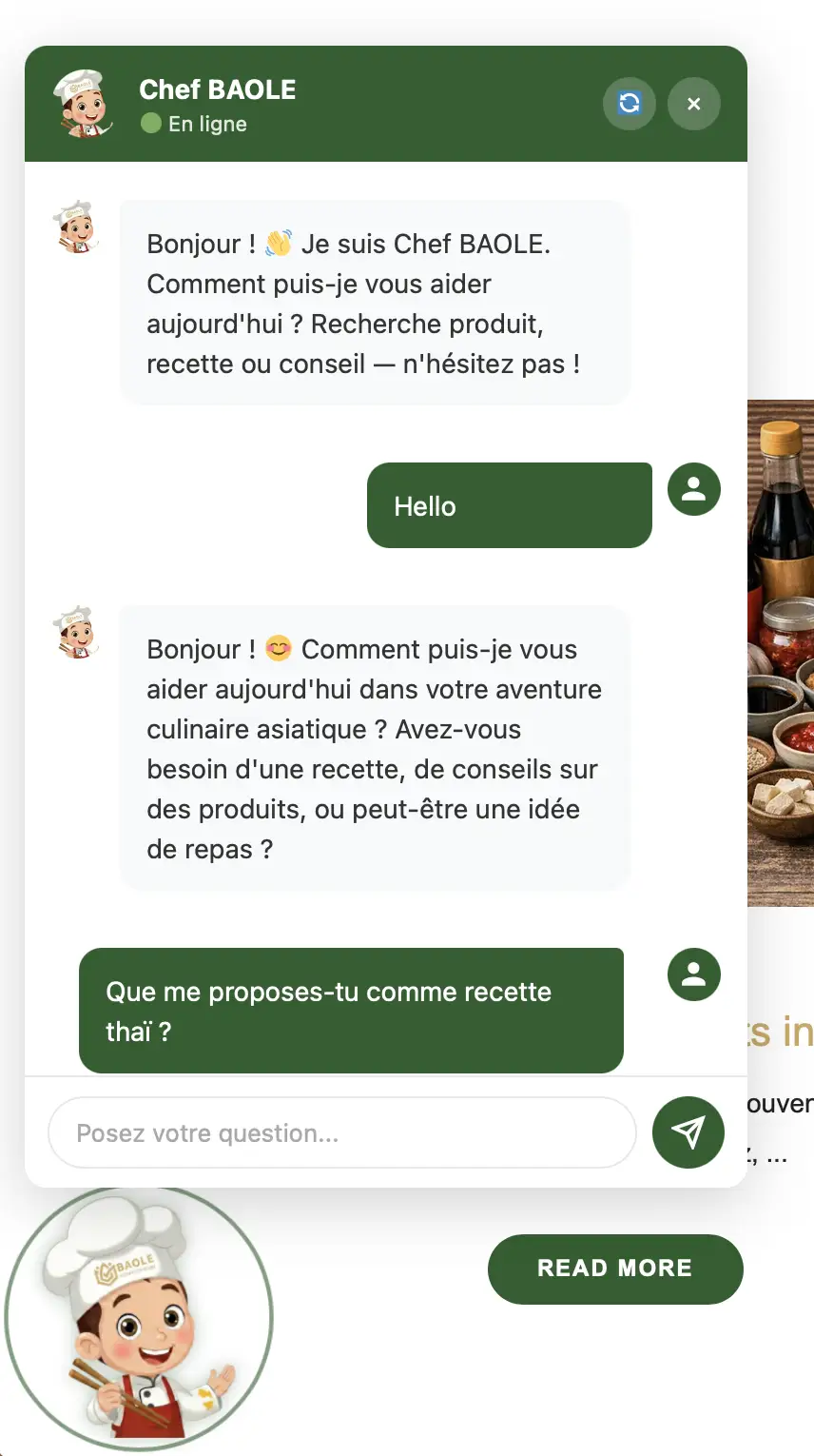 Chatbot pour un site de vente en ligne d'alimentation asiatique
