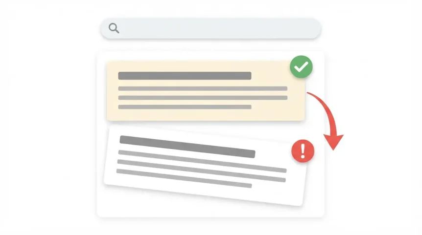 Illustration montrant un résultat de recherche bien classé avec une coche verte de validité, et un second résultat pénalisé avec une alerte rouge qui chute dans le classement Google