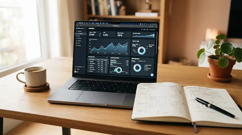 Espace de travail professionnel avec analyse de données et croquis de site web
