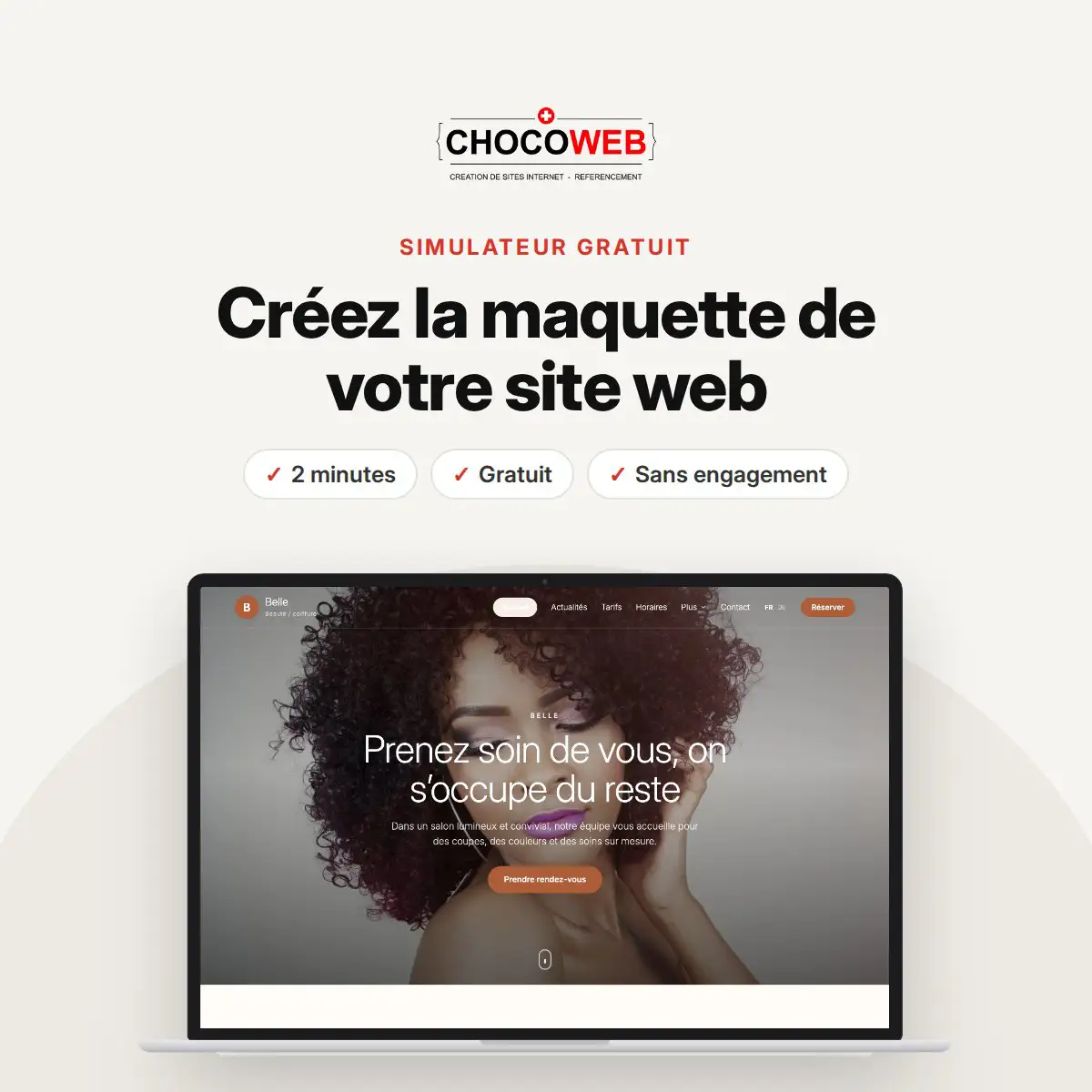 Maquette de site web gratuite créée avec le simulateur CHOCOWEB, affichée sur ordinateur et sur mobile