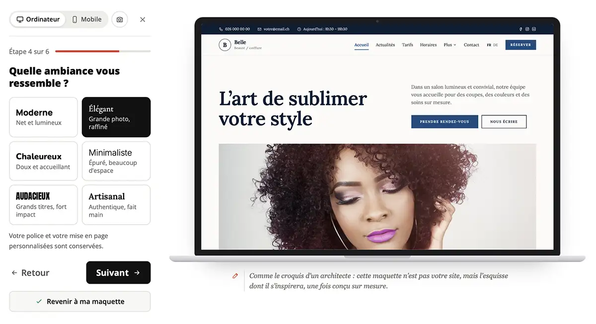 Étape de personnalisation du simulateur : couleurs, polices et mises en page